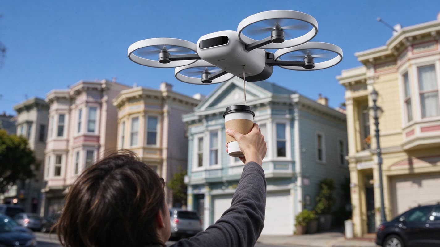 A person on a San Francisco street taking a coffee cup lowered on a line from the Mote drone
