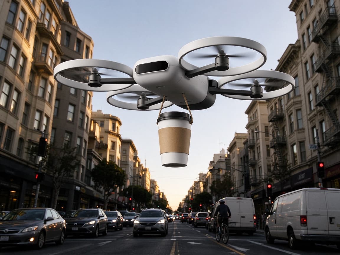The Mote drone carrying a coffee over a San Francisco street full of stopped traffic